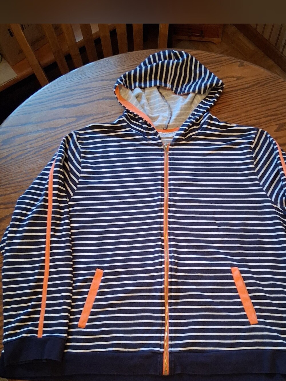 Sag Harbor 3X Stretch Navy Blue And White Striped Zip Up Hooded Sweatshirt